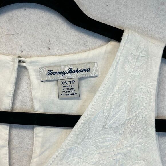 TOMMY BAHAMA Dress XS White Linen Sleeveless Embroidered Lined V-Neck Pockets - Picture 3 of 11